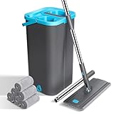 MASTERTOP Wischmopp Set mit Eimer, Bodenwischer Set mit 6 Mikrofaser Wischpads und Edelstahlgriff, 2 in 1 Putzeimer mit Wischmop, Wischer mit Auswringfunktionfür Alle Bodentypen, Grau+Blau