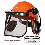 Kettensäge Helm mit Visier und Gehörschutz, Forsthelm für Herren gesichtsschutz, Helm Motorsäge, Sicherheitshelm, Abnehmbare Anti-Beschlag-Brille und Kinnband