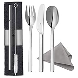 WMF my2Go, Edelstahl, Besteck Set 8-teilig, Outdoor Reisebesteck Set 1 Person, Campingbesteck mit Etui, Wanderbesteck umweltfreundlich, Strohhalm, Reinigungsbürste, Camping Zubehör Geschenk