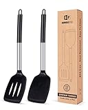 Pfannenwender aus Silikon, robust, antihaftbeschichtet, geschlitzt, hitzebeständig, BPA-frei, ideales Kochgeschirr für Fisch, Eier, Pfannkuchen, schwarz, 2 Stück