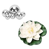 Garten Teiche Deko Set,6 Klein Silber Schwimmkugeln und 5 Weiß Künstliche Seerosen Schwimmende Lotusblüte,Teichkugeln Schwimmend für Miniteich Terrassenteich Zinkwannen Garten Balkon Teichedeko