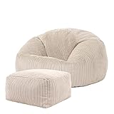 Icon Kingston Sitzsack mit Hocker Cord, Beige, Sitzsack Erwachsene mit Füllung, Bean Bag, Cord Sessel, Lounge Sessel, Lounge Stuhl, Schlafzimmer, Wohnzimmer, Wohnzimmer Möbel