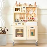 Giant bean KinderKüche Holz Spielküche für Kinder, Ausgestattet mit Mikrowelle, Waschbecken,Eismaschine,Ofen,Kochgeschirr, Küchenzubehör, Rollenspiel-Essensspielzeug für Jungen und Mädchen ab 3 Jahren