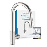 Bächlein Küchenarmatur Kocuso – 360 Grad schwenkbar (gebürsteter Edelstahl) – Einhand-Spültischbatterie mit ausziehbarem Schlauch und Brause mit Umschalt-Taste, Wasserhahn für die Küche