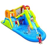 Bounwell Aufblasbare Wasserrutsche mit Luftgebläse, Wasserpark für Kinder Hinterhof, aufblasbare Wasserrutsche mit 2 Rutschen, 2 Kletterwänden, Basketballkorb, Wasserkanone und Planschbecken