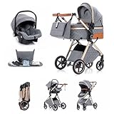 Kakbgee 3 in 1 Kinderwagen mit Babyschale, Faltbar Buggy, 7-fach höhenverstellbarem Griff, 4-Rad Federung, Regenschutz, Moskitonetz, Kombikinderwagen für Neugeborene 0-3 Jahre (15kg), Subgrau