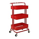 ZXZB Bewegliche Wagen, Servicelager Handwagen, Schönheitswagen, Drei Stockwerke Mit Armlehnen Kohlenstoffstahl Dedizierter Handwagen, Küchenhaushalt Abflussbares Regal -Lagertrolleys/Rot/87*45*35 cm