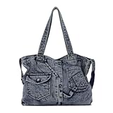 EVEOUT Denim Schultertasche Damen Vintage Denim Tote Tasche mit Schulterriemen Jeans Shopper Umhängetaschen für die Arbeit Urlaub Hochschule