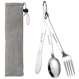 3 Stück Reisebesteck,Campingbesteck,Edelstahl Camping Besteckset,Tragbare Outdoor Besteck mit karabiner,Löffel Gabel Messer Kombi und tasche,Wiederverwendbare Reisebesteck Besteckset