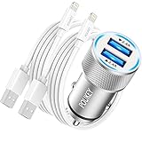 Zigarettenanzünder USB Auto Ladegerät Adapter mit 2X iPhone Ladekabel[Apple MFi Zertifiziert], Poukey Kfz Ladegerät USB Auto Adapter mit Lightning Kabel für iPhone 14 13 12 11 Pro Max/Mini/XS/X/8/7/6