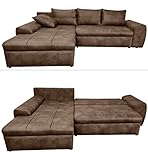 Vintage Ecksofa mit Schlaffunktion und Bettkasten B266/T186/H90 cm, Wellenunterfederung, Ottomane links, gemütliche Lounge Couch mit Mikrofaser-Stoff in Leder-Optik Braun / 18014