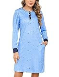 Jahetuul Nachthemd Damen Langarm Schlafshirt Mädchen lang Schlafkleid Schlafanzugoberteile Damen Nachtkleid Nachthemden mit Taschen lässig Hauskleid