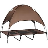 Pawhut Haustierbett mit Baldachin, Erhöhtes Hundebett, Hundeliege Outdoor mit Dach, Atmungsaktiv, Taftstoff Kaffee 122 x 92 x 108 cm
