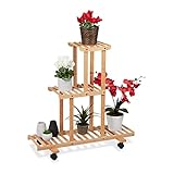 Relaxdays Pflanzenregal, Blumenständer mit 3 Ablagen, Bambus, HxBxT 82 x 81 x 36 cm, rollbar, Blumenregal innen, Natur