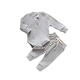 Neugeborene Unisex 2 Stück Baby Kleidung Junge Mädchen Solid Button Bodysuit Strampler Langarm Tops Kordelzug Hosen Strick Outfit (Grau,0-3 Monate)