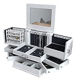 QTYQWC Schmuckkoffer Ringbox Holz Schmuckschachtel mit Spiegeldeckel 5-Layer-Schmuck Organizer Schachtel extra Kapazität Schmuck Ring Ring Halsklege Juwelier Organizer (Weiß 31 * 23,5 * 32 cm)