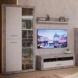 Forte Finley Wohnwand 330, Moderne Wohnwand mit TV Schrank, Vitrine, Wandpaneel und Kommode, Holzwerkstoff, Weiß mit Betonoptik Akzenten, 328,4 cm breit x 193,7 cm hoch x 41 cm tief