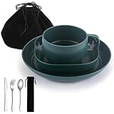 Campingbesteck, ReaNea Camping Teller und Schüsseln Set mit Kaffeetasse, Reisebesteck Set mit Löffel, Gabel, Messer für Zuhause, am Pool, im Freien, Picknick, Camp