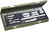 PROXXON Steckschlüsselsatz, Komplettkasten mit 1/4'-und 1/2'-Umschaltratsche sowie Schraubendrehergriff, 56-teiliges Werkzeug-Set mit Stahlkasten, 23040, 450 x 200 x 55 mm
