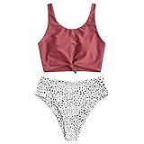 ZAFUL Zweiteiliger Beachwear Set, verknotet Oberteil mit Schulterträger & Tropisches Blattmuster Badehose (Kirschrot, XL)