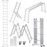 YRHome 6 in 1 Leiter Mehrzweckleiter Alu Gelenkleiter Klappleiter Steigleiter 470cm Multifunktionsleiter Aluleiter Stehleiter Kombileiter mit Plattformbis 150KG belastbar 4x4 Stufen Silber