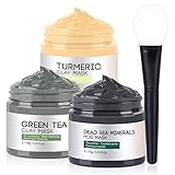 Gesichtsmaske, Kurkuma Tonerde Maske, Totes Meer Maske, Grüner Tee Gesichtsmaske, Gesichtsmasken-Set zur Tiefenreinigung, Mitesser, Ölkontrolle, Reduzierung von Akne und Poren, 3x70g