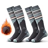 RIOROO 2 Paar Unisex Merinowolle Skisocken für Damen und Herren, Dicke Thermosocken für Kaltes Wetter, Kniehohe, Atmungsaktiv, Schnell Trocknend mit OTC Design/Anti-Rutsch-Bündchen