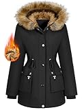Xnova Damen Wintermantel Parka Fleece Gefüttert Warm mit Fellkapuze, Wasserdicht Winterjacke Mittlere Länge mit Reißverschluss Knopfverschluss, Winddicht Outdoorjacke Mantel Draussen (Schwarz, L)