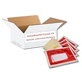 1000 Lieferscheintaschen rot C6 selbstklebend im Karton Premium | zu 250 Stück unterverpackt | Dokumententaschen aus PP transparent mit Aufdruck Lieferschein/Rechnung