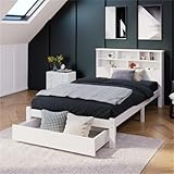 Massivholz Einzelbett Mit Schubladen Stauraum Und Bücherregal Kinderbett Mit Lattenrost Jugendbett Für Kinder Jugendliche Erwachsene Gästebett Weiß 90x200cm