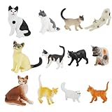 Jorzer Mini-Katzenfiguren für Kinder ab 3 Jahren 12-teiliges Set realistischer Katzenspielzeuge aus wasserfestem und farbechtem Kunststoff Katzen-Kuchenaufsätze für Weihnachten und Ostern