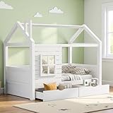 Zubaliya Hausbett Kinderbett Jugendbett 80x160 mit Rausfallschutz vielseitiges Holz Kinderbett für Jungen & Mädchen, Massivholz Kinder Bett mit Rausfallschutz Fenster und Lattenrost, Weiss