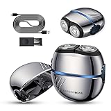 BarberBoss Herren-Rotationsrasierer, tragbarer Gesichtsrasierer, Klingen aus Karbonstahl, doppelt schwimmender Scherkopf, Reisesicherung, kompakter Bart und Gesichtsrasierer für Herren, QR-2701