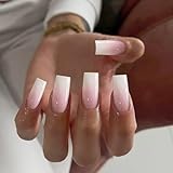 KQueenest French Press on Nails Lange Sarg – Ombré Rosa Nägel zum Aufkleben Lange, Gradient Rosa Weiß Fake Nails Eckig, Quadratische Künstliche Nägel Set für Frauen, 24 Stück
