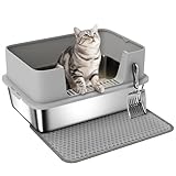 PawHut Katzentoilette Edelstahl Offene Katzenklo ohne Deckel Katzentoilette mit Schaufel hohem Rand Matte XXL Cat Litter Box für große Katzen bis 7 kg 60,2 x 40,2 x 29,5 cm, Grau
