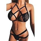 HOTSO Sexy Bralette Babydoll, Cross Straps BH und Höschen Dessous Set Spitze für Damen Frau Bikini Lingerie Reizwäsche Strumpfhalter Jubiläums Candlelight Dinner Valentinstag Kreuzgurt Perspektive