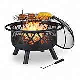 Relaxdays Feuerschale mit Grillrost, Funkenschutz & Schürhaken, Ø 75 cm, Stahl, Feuerstelle Garten & Terrasse, schwarz, 68.5 x 75 x 75 cm