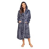 HEARTNICE Bademantel Damen Kapuze flauschiger Bademantel Fleece Kuschel Bademantel Plüsch Morgenmantel Hausmantel (Dunkelgrau, S/M)
