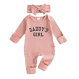 Geagodelia Neugeborene Baby Mädchen Vatertag Strampler mit Fäustlingen und Rüschen Langarm Mein Erster Vatertag Baby Outfit Baumwolle Sommer Kleidung (Daddys Girl Pink, 0-3 Monate)