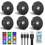 Schrankbeleuchtung USB Aufladbare RGB Katzenaugen LED Spot Akku mit Fernbedienung - 9 Farben, Dimmbar, Magnetisch, Timer, LED Unterbauleuchte Vitrinenbeleuchtung Regal Beleuchtung (6er Pack)