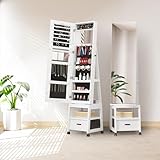 Niwugady Schmuckschrank mit Beweglicher Ganzkörperspiegel, 360° Drehbarer Schmuck Spiegelschrank abschließbar, mit Schlüsseln, Stehendstehender Schmuck-Organizer mit 1 Schublade, Weiß