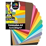 OfficeTree 60 x Bastelkarton A4 300g - 12 Farben - Tonkarton A4 Bunt - Pappkarton - Pappe zum Basteln - Fotokarton A4 300g