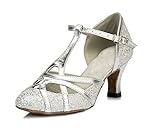 Minitoo qj6133 Damen Geschlossen Zehen High Heel PU Leder Glitzer Salsa Tango Ballsaal Latin t-strap Dance Schuhe, Silber Silver-6cm Heel.5,37.5 EU/5 UK