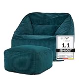 Icon Natalia Sitzsack Sessel mit Hocker für Erwachsene, Blaugrün, Flauschiger Cord Stoff, Riesen Sitzsack Cord mit Füllung, Bean Bag Chair, Bequemer Sessel Wohnzimmer, Lounge, Schlafzimmer, Büro