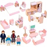 Puppenhaus Möbel Set aus Holz, 26 Teilig Miniatur Puppenhaus Zubehör, Holzmöbel einschließlich Küche Esszimmer Wohnzimmer Schlafzimmer Badezimmer mit 4 Puppen, Geschenk für Jungen Mädchen ab 3 Jahren