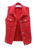 Acrawnni Damen-Denim-Westen, Vintage-Stil, Knopfleiste, ärmellos, gewaschen, zerrissene Revers, einfarbig, Jeans, rot (a), XL