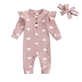 Geagodelia Baby Mädchen Strampler Overall Herz Bogen Outfit Kleidung Babykleidung Schlafstrampler Neugeborene Weiche Jumpsuit Babystrampler Valentinstag (Herz - Pink, 0-3 Monate)