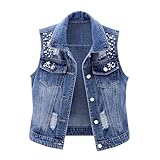 HUIFUAO Denim-Jacken für Damen, Übergröße, ärmellos, Jeansjacke, trendig, Strass, Denim-Weste, Shacket Distressed Trucker-Mantel, Weste mit Tasche, blau, XL