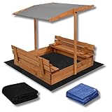 Sandkasten Holz 120x120 cm mit klappbaren Sitzbänken & Rückenlehnen – Outdoor Kindersandkiste mit Abdeckplane & Bodenvlies – Wetterfest & sicher – SPRINGOS