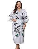 Damen Lang Satin Kimono Robe Lose Cover-up Blumendruck Morgenmantel Seide Nachtwäsche Bademäntel, hellgrau, One size